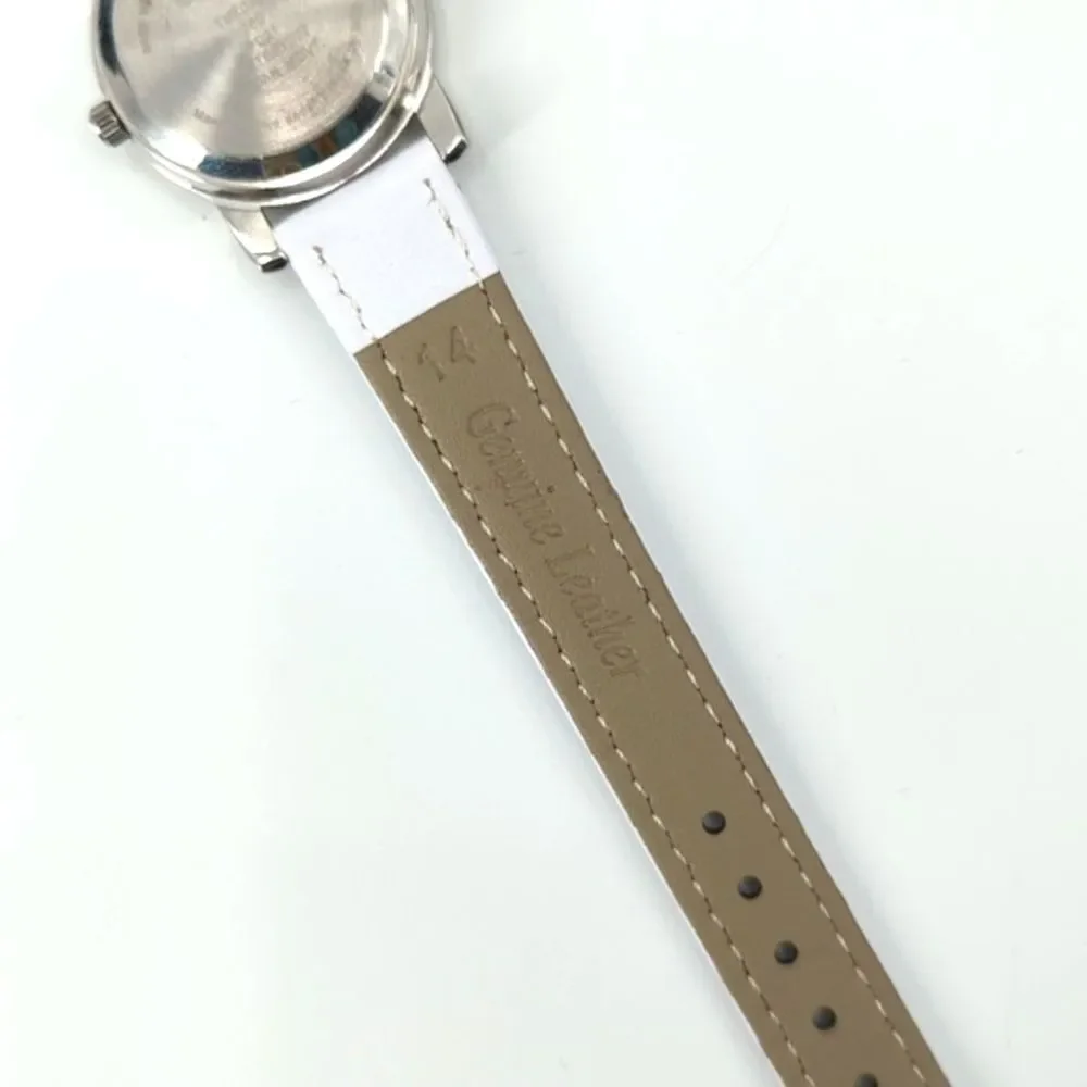 Disney Tinkerbell Fairy Watch Silver Purple New White Leather Band-Runs!!